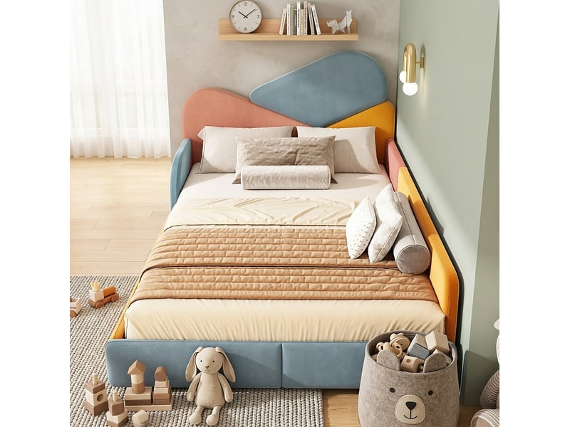  Lit enfant 140 x 200 cm en velours avec sommier à lattes, multicolore  - Conforama E
