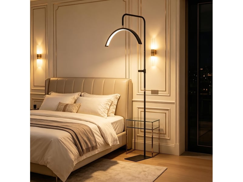  Lampadaire led 77,5x20,5x186 cm noir, acier et plastique, tête demi-lune rotative 350°, 36 w dimmable  - Conforama D