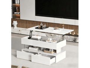 Table basse relevable 100x50x46 cm avec rangement caché et 2 tiroirs, éclairage led, style simple, salon, mdf, blanc