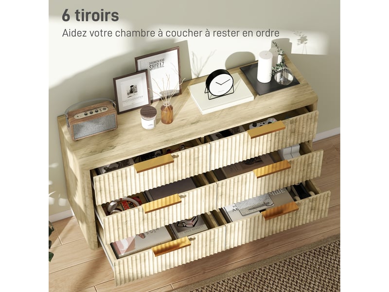 Commode 6 tiroirs scandinave avec poignées et pieds de pin, pour chambre à coucher, salon, couloir, chêne, 120x40x76cm  - Conforama A