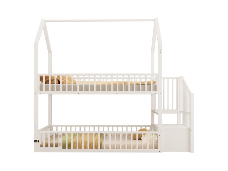Lit superposé enfant 90 x 200 cm avec escalier, lit inférieur à petite porte ouvrante et structure style loft, métal - blanc OMNIGLINT TRADING LTD - Conforama E