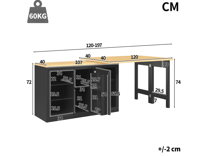  Table îlot de cuisine extensible 120x40x72 cm, rotation 360° et led rgb contrôlable par application, mdf, noir et bois clair  - Conforama C