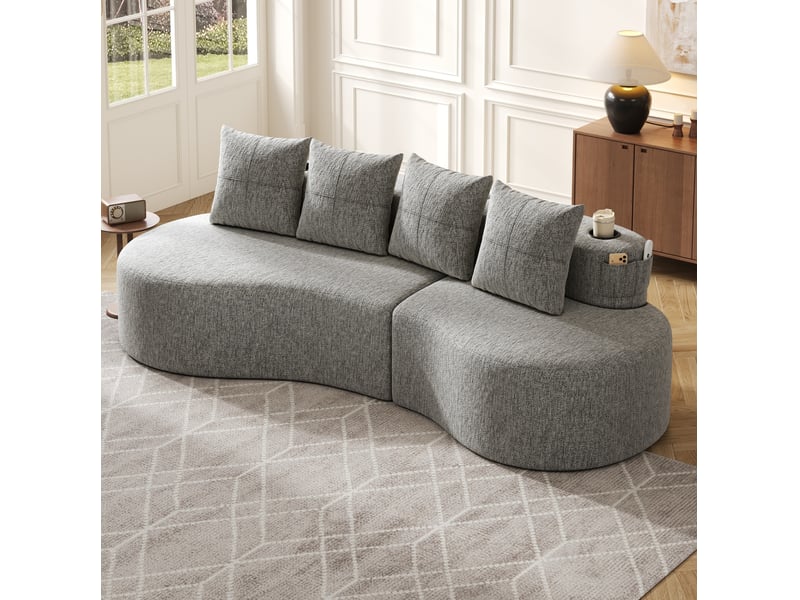  Canapé 4 places en lin gris clair avec 4 coussins, porte-gobelet et poches latérales  - Conforama D