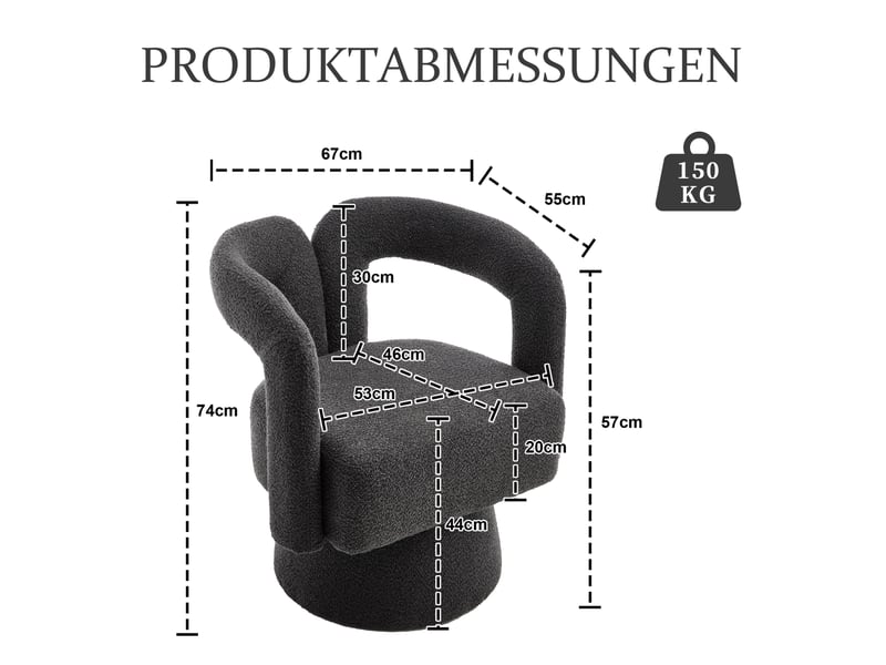  Fauteuil pivotant 360° 67x55x74 cm rembourrage épais confort accoudoirs enveloppant base métal bouclé gris foncé  - Conforama C