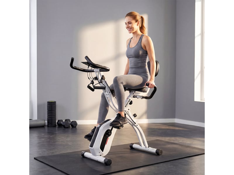 Vélo d'appartement pliable vélo de fitness 3 en 1 silencieux connecté kinomap bluetooth et zwift 105x53,5x109cm blanc  - Conforama D