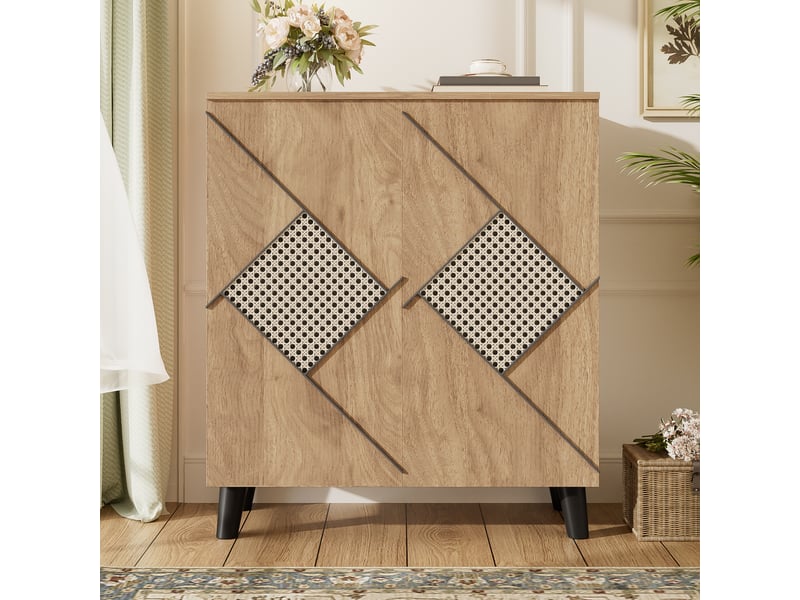  Meuble à chaussures compact 80x32x91 cm, idéal pour petits espaces, armoire de couloir avec portes battantes et compartiments de rangement multiples, finition bois naturel  - Conforama R