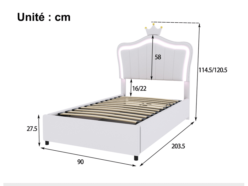 Lit coffre 90x200 cm - lit simple enfant avec led et couronne intégrée - structure similicuir et mdf - sans matelas - blanc - Conforama C
