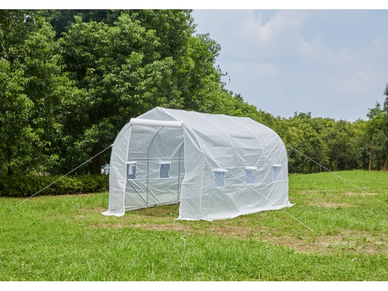  Serre de jardin tunnel 4 x 2 x 2 m avec 6 fenêtres d'aération et porte enroulable zippée, idéale pour la culture de plantes et de légumes, blanche.  - Conforama A