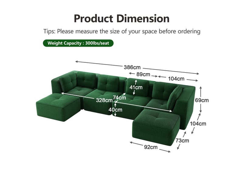 Canapé d'angle modulaire sans montage avec base antidérapante et accoudoirs larges en velours côtelé vert - Conforama E