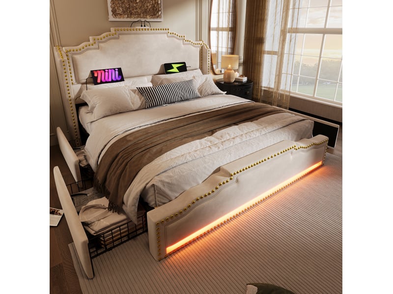  Modenvie lit double avec rangement 180x200 cm - 4 tiroirs, led et ports usb-c, sommier inclus - beige  - Conforama D