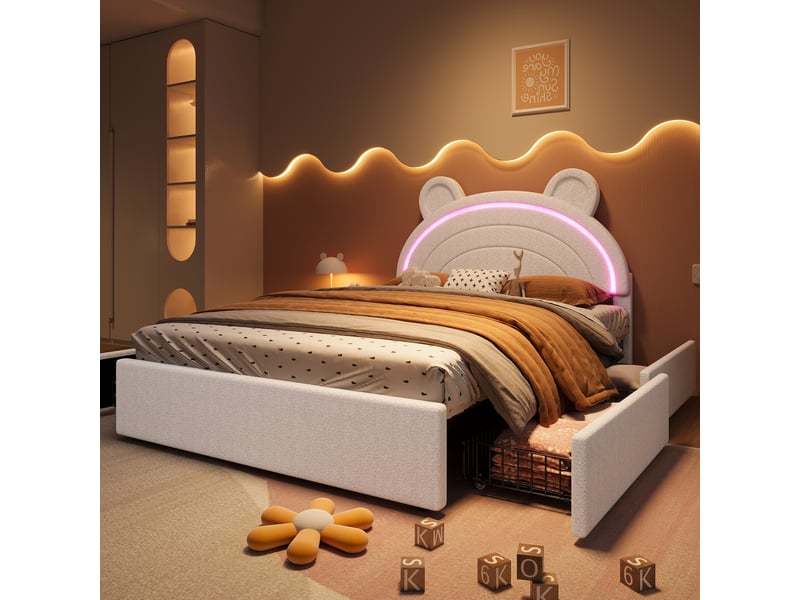Lit enfant 140x200 cm, 4 tiroirs, tête de lit ourson led pilotée par application, velours beige, sans matelas - Conforama D