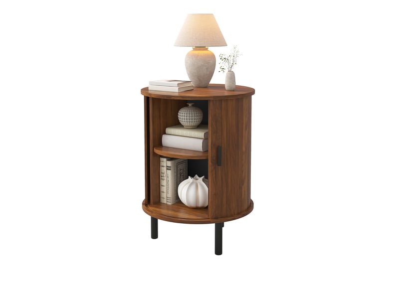 Table d'appoint ronde avec porte coulissante et étagère, pieds métal noirs, noyer pour salon 48 × 48 × 65 cm - Conforama A
