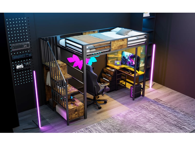  Lit mezzanine métal 90x200 cm – bureau intégré, penderie, rangements, led et prise intégrée  - Conforama B