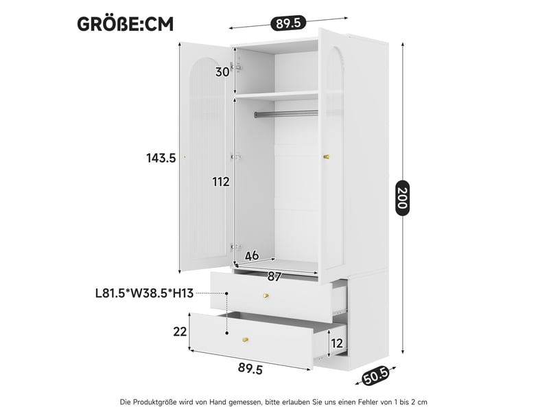  Armoire à portes battantes 89,5 x 50,5 x 200 cm, porte armoire, avec 2 tiroirs, 2 portes vitrées et barre de penderie, mdf, blanc  - Conforama C