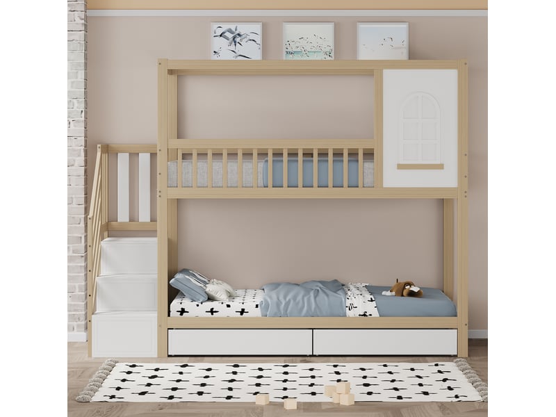  Lit superposé enfant 90x200 cm en bois, forme maison, tiroirs, coloris naturel  - Conforama B