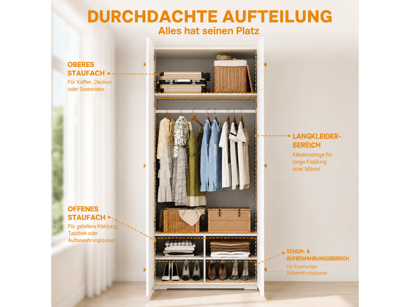  Armoire blanche 90x50x200 cm à portes battantes avec penderie et 5 compartiments  - Conforama D