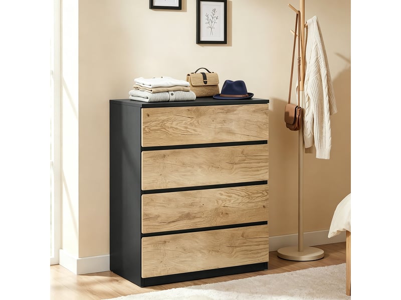  Commode à 4 tiroirs, idéale pour le salon, la salle à manger et l'entrée, coloris noir et chêne.  - Conforama C