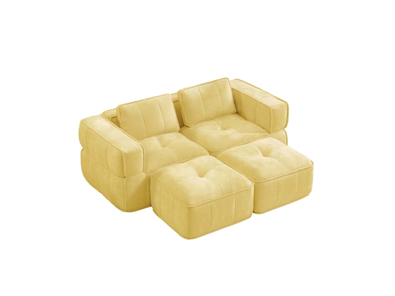  Canapé modulable 2 places avec 2 poufs en polyester jaune  - Conforama A