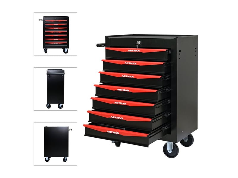  Boîte à outils à 7 tiroirs - noir &amp; rouge - acier - 24.6 kg - roues pivotantes - verrouillage à clé 52.4x33x65.6cm - Conforama D