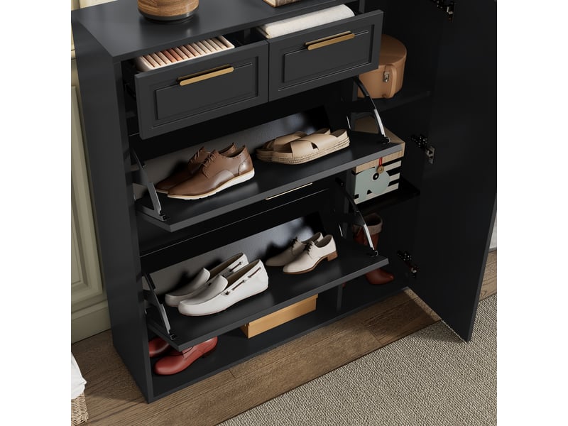 Meuble à chaussures noir 95x24x107 cm, placard avec portes rabattantes et tiroirs, étagères ajustables, structure en panneaux de particules - Conforama D