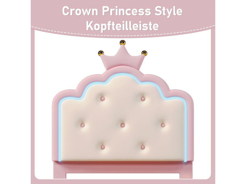 Lit enfant princesse - led - 90x200 cm - charge 150 kg - métal et pu - rose - Conforama E