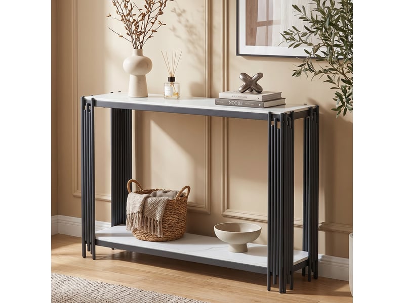  Console à 2 niveaux 123,5 x 33,5 x 80 cm en mdf effet marbre blanc et métal noir  - Conforama D