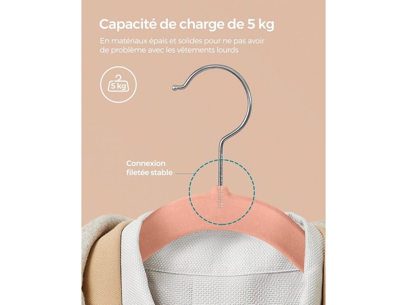  Lot de 20 cintres velours adulte, longueur 41,5 cm, fins, grande capacité de charge, avec crochets pivotants à 360°, pour manteaux, chemises, rose clair et argent crf026r20  - Conforama C
