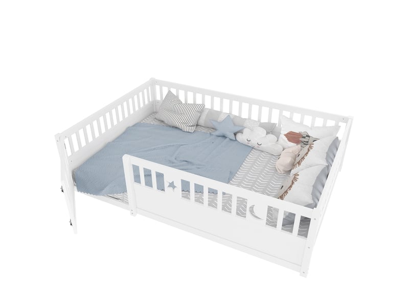  Lit enfant 140 x 190 cm avec barrière verrouillable, étoiles et lune, blanc  - Conforama A