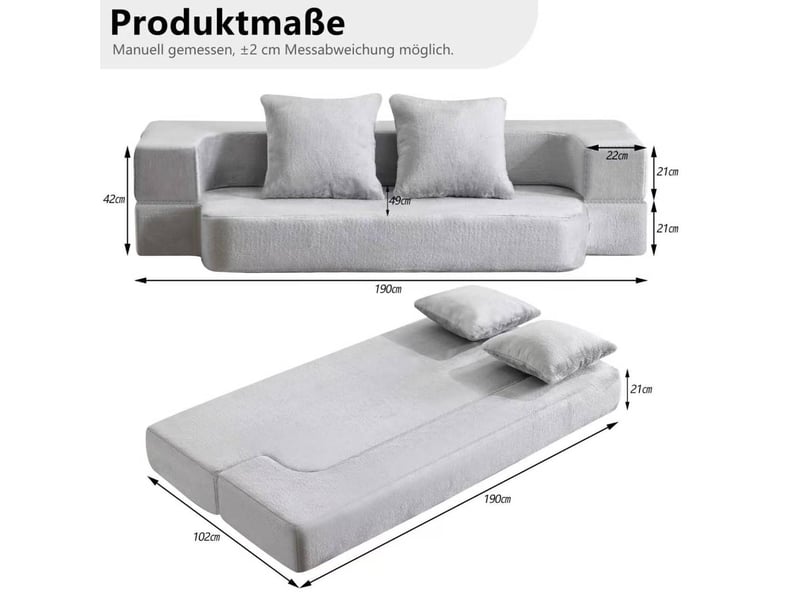  Canapé convertible 2 places 190x50x42 cm compressé, pliable,  mousse douce, couleur gris clair, design moderne  - Conforama C