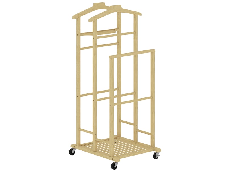  Valet de chambre à roulettes, portant à vêtements en bambou, cintres, barres de suspension, chêne, plateau et étagère  - Conforama B