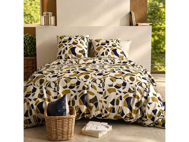  Parure housse de couette 260x240cm + 2 taies motif ethnique ecru et kaki 100% coton - leekyo LEEKYO - Conforama A