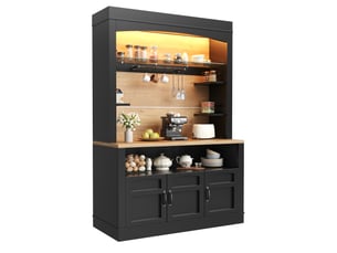Buffet haut de cuisine 101,5x40x174 cm avec plan de travail, éclairage led, étagères réglables, 6 crochets et 3 tablettes latérales, noir