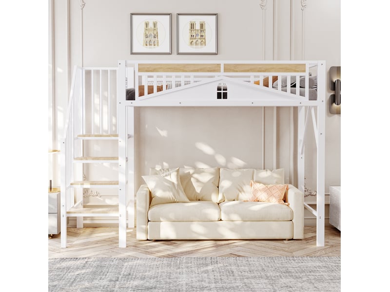  Lit mezzanine 90x200 cm avec échelle sécurisée et espace de rangement, coloris blanc  - Conforama E