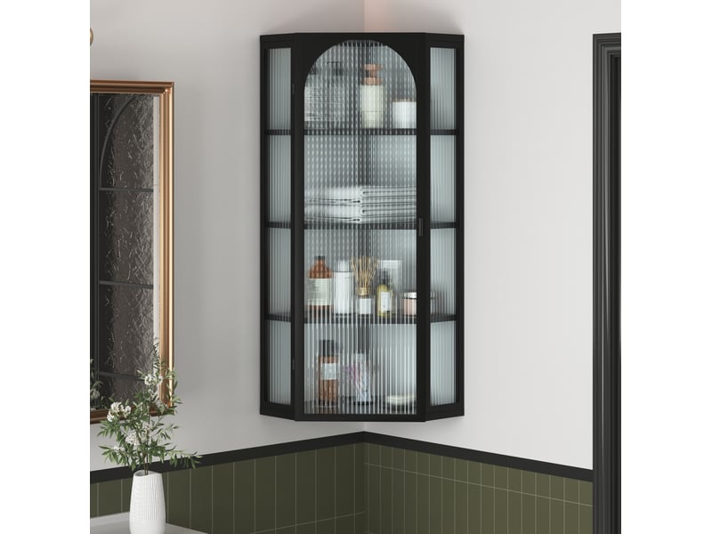  Armoire murale noire en métal et verre trempé, 4 niveaux de rangement, 56 x 40 x 105 cm pour salle de bains  - Conforama B