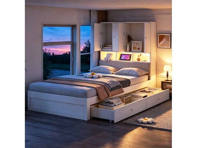  Lit simple 90x200 cm avec rangement et led en bois blanc  - Conforama B