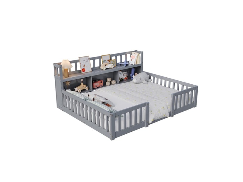  Lit 140x200cm - lit enfant 140x200cm - lit montessori au sol avec bibliothèque intégrée, barrières sécurité, sommier à lattes - gris  - Conforama A