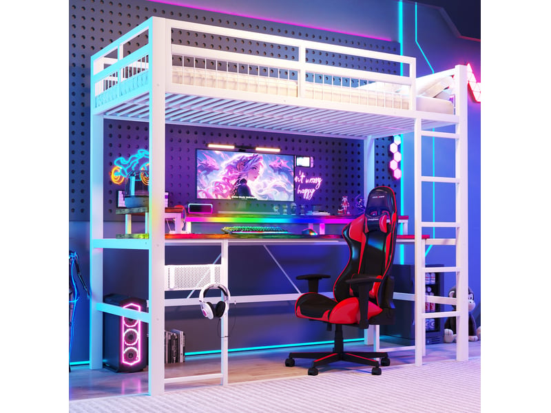 Lit mezzanine 90 x 200 cm blanc avec bureau, led multicolore, prises et usb - Conforama D