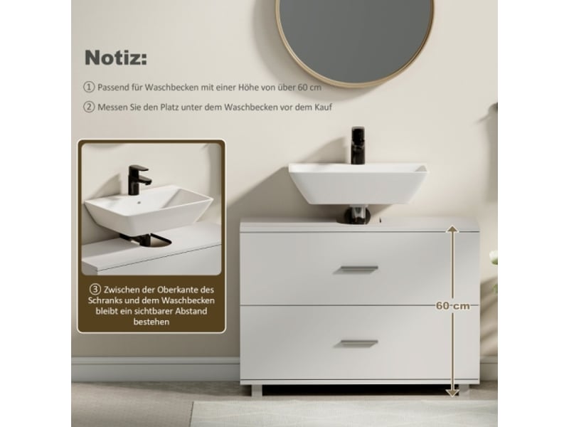 Meuble sous lavabo blanc moderne avec 2 tiroirs, meuble de salle de bains indépendant sans socle - Conforama E