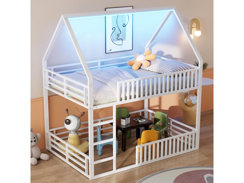  Lit superposé 140x200 cm avec barrière et éclairage led, lit enfant avec cadre de lit en métal, lit 2 personnes, blanc  - Conforama D