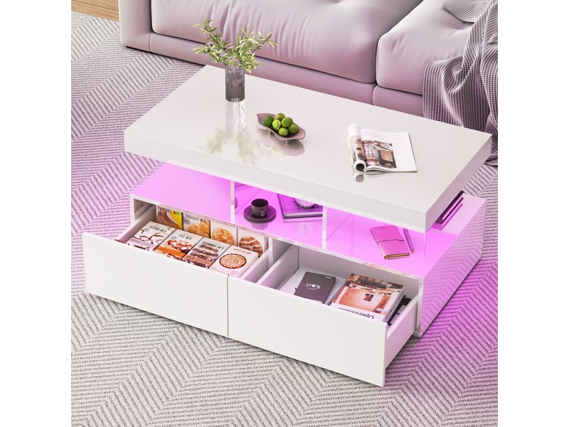 Table basse 104x53cm blanc brillant et blanc - design moderne avec éclairage led, 2 tiroirs et prise européenne standard - Conforama D