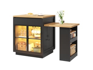 Îlot de cuisine extensible 122–194.5x70x94 cm, 2 tiroirs, led, noir