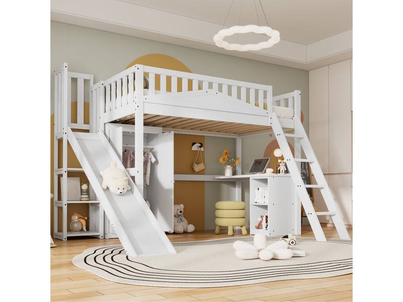 Lit superposé 90x200 cm - lit enfant avec armoire et étagère - protection et toboggan - bois - blanc - Conforama D