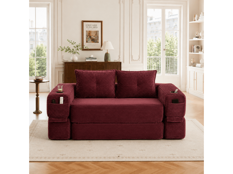 Canapé convertible 2 places avec poches latérales, porte-gobelet et coussins en velours côtelé rouge bordeaux - Conforama E