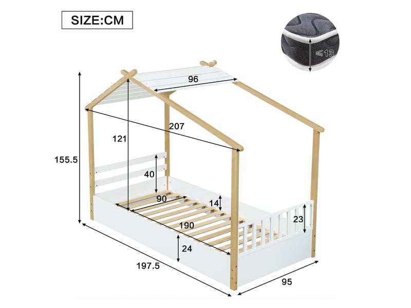 Lit enfant maison en bois au design épuré, pin mdf blancnaturel, 90x190 cm, avec sommier à lattes stable et structure robuste - Conforama C