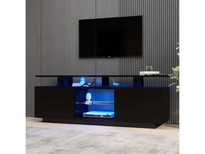  Meuble tv noir brillant 140 cm avec led 16 couleurs - 2 portes 5 compartiments pour téléviseur 60 pouces  - Conforama E
