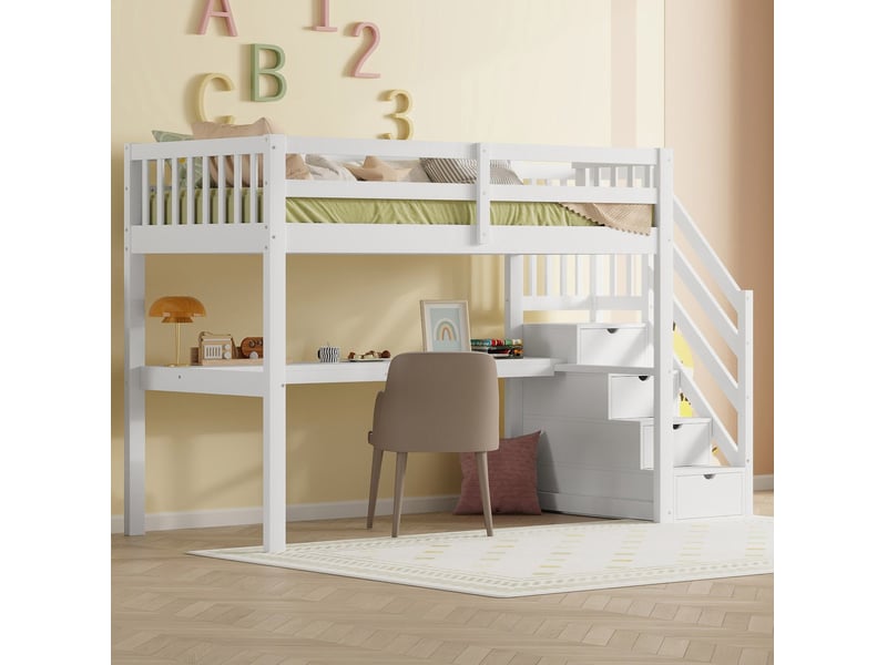  Modenvie lit mezzanine 90x200 cm - avec bureau et rangements intégrés, sans matelas - blanc  - Conforama D