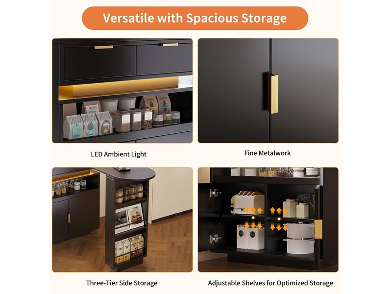 Table de bar extensible (115-183 × 40 × 99 cm) îlot cuisine extensible rangement éclairage led pivotante 360° bar à café mobile noir - Conforama E