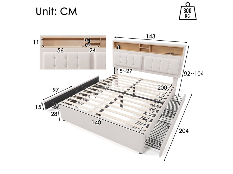  Lit double 140x200 cm avec 4 tiroirs, tête de lit réglable et usb-c, beige clair  - Conforama C