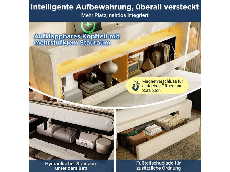  Lit rembourré avec rangement - 160x200 cm - espace de rangement hydraulique - tête de lit avec led - ports usb &amp; usb-c  - Conforama C