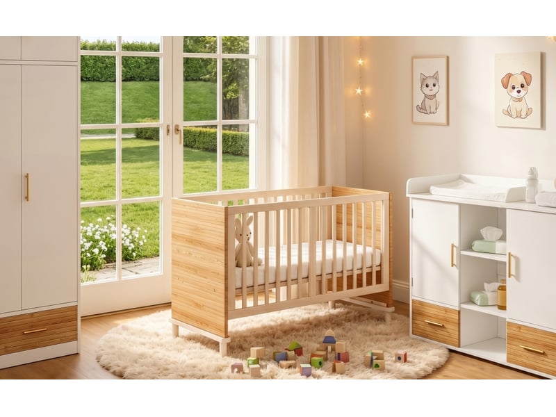  Lit enfant simple 70×140 cm avec barrières et réglage 5 niveaux  - sans matelas, bois - naturel  - Conforama E